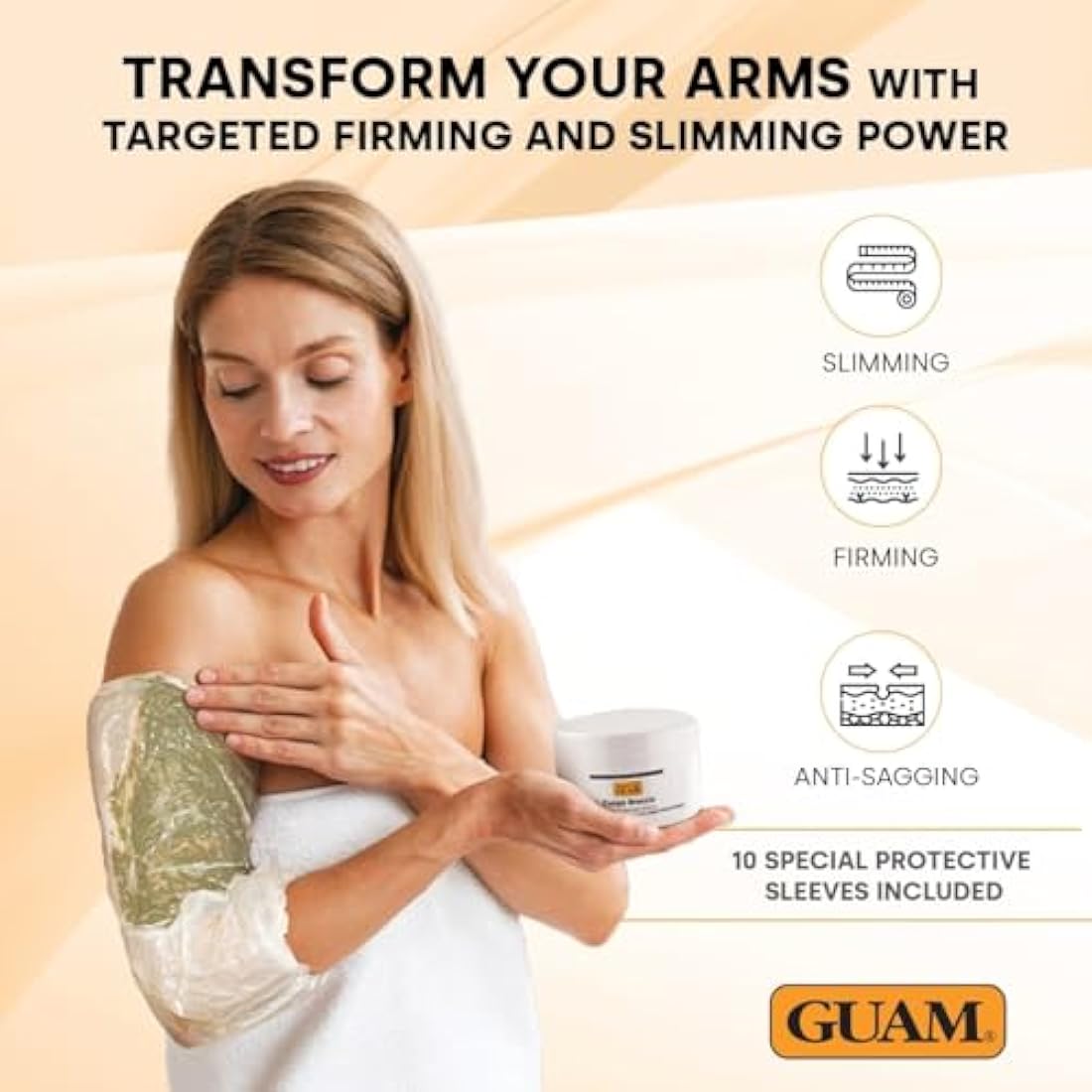GUAM Seaweed Mud Arms Slimming Cellulite Cream – 250 ml Inner Arm Skin Firming Cream – Slimming & Draining Anti Cellulite Treatment – Improves Elasticity & Microcirculation + 10 Protective Arm Sleeves