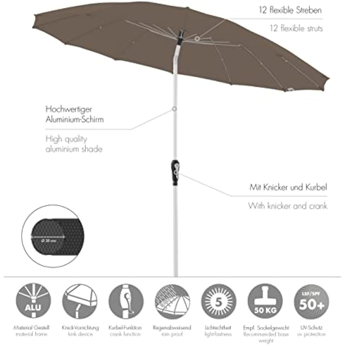 Doppler Parasol Asia Look SL-AZ Auto Tilt 250 cm Greige-Taupe I Garden Umbrella Bendable I Crank Umbrella with UV Protection 50+ I Crank Umbrella Made of Aluminium I Rainproof Polyester Umbrella Roof