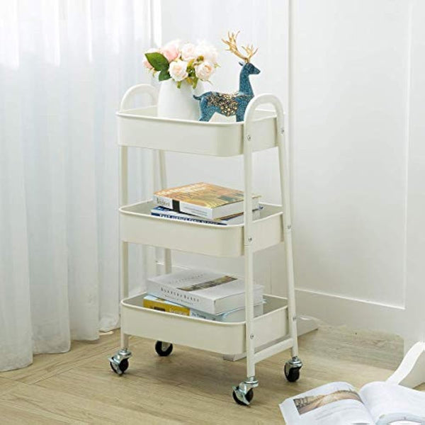 DOEWORKS Storage Trolley on Wheels Kitchen Trolleys Metal 3-Tier Trolley for Book Beauty Craft Trolleys Rolling Utility Storage Cart for Room Bathroom Office, White