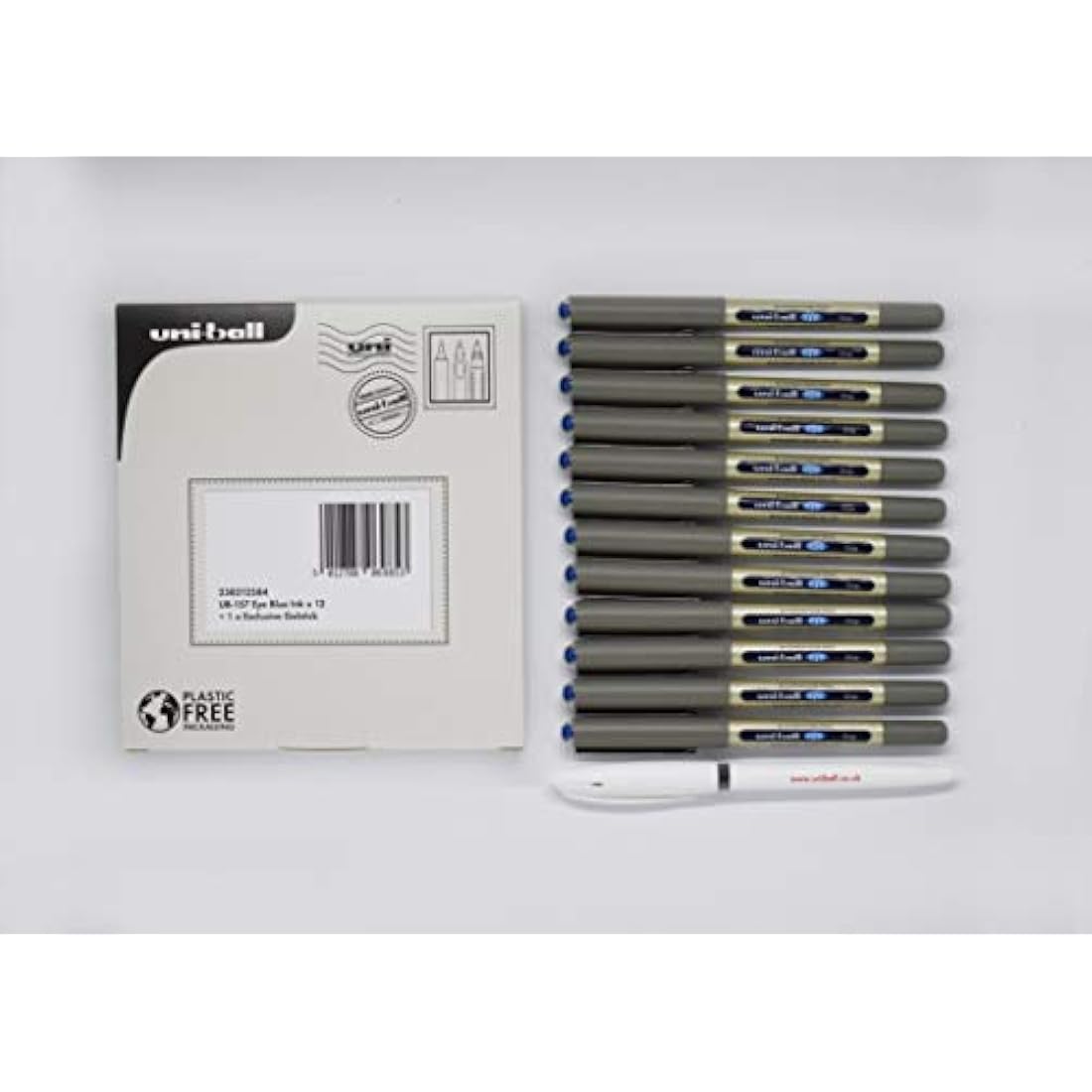 uni-ball UB-157 Eye Rollerball Pens. Premium Fine 0.7mm Ballpoint Tip for Super Smooth Writing, Drawing and Colouring. Fade and Water Resistant Liquid Uni Super Ink. 12 Blue + 1 Exclusive Gel Pen