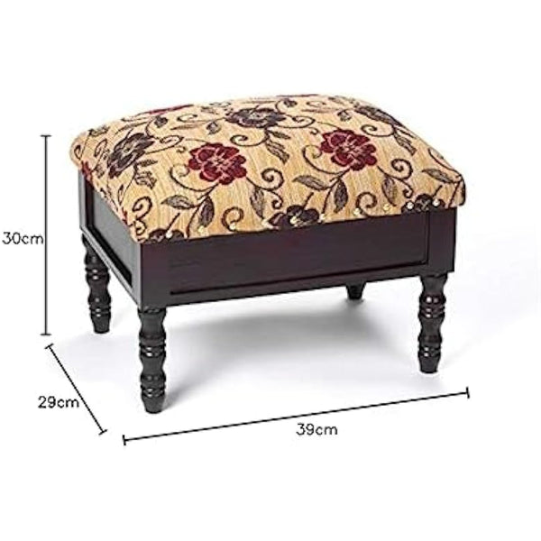 Floral Fabric Footstool with Storage Compartment and Padded Lid – Upholstered Ottoman for Living Room Comfort and Organisation with Dark Wood Classic Finish