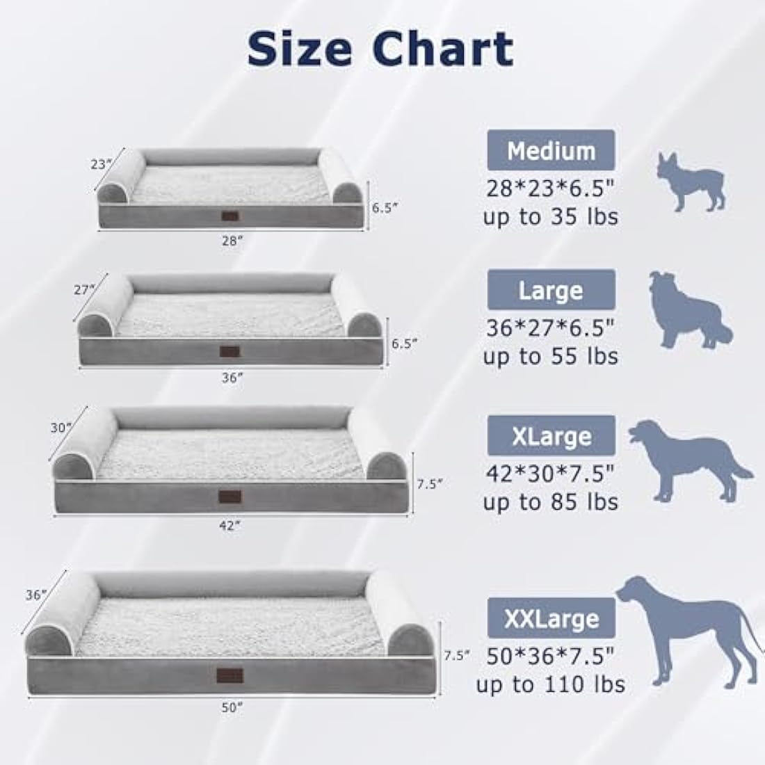 WESTERN HOME Dog Beds Large Washable,Soft Orthopedic Extra Large Waterproof Dog Beds with Removable Washable Cover,with U-Shape Bolster Grey,71 x 58 x 16.5 cm