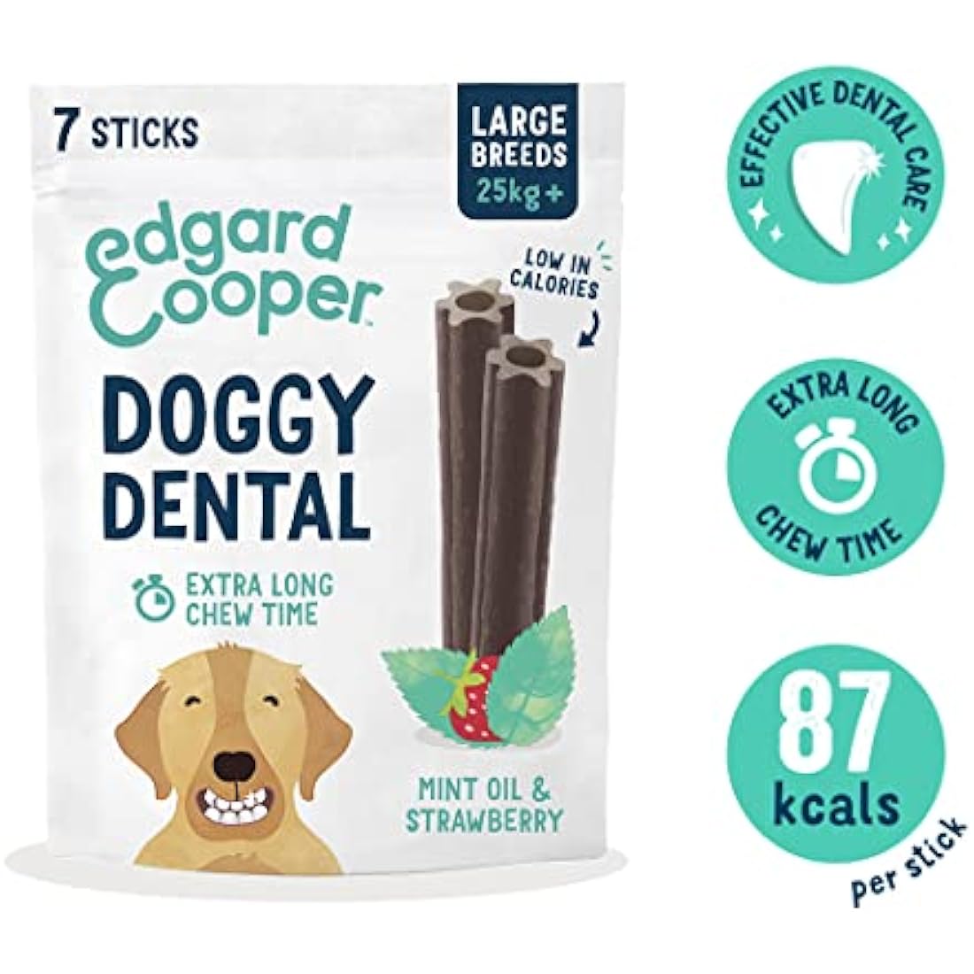 Edgard Cooper Treats Dental Stick, Big - Strawberry and Mint - (8 x 7 stick pack), Natural Dog Chew Sticks, Dental Hygiene, One per Day, Low Calorie, Long Chewing, Fresh Breath