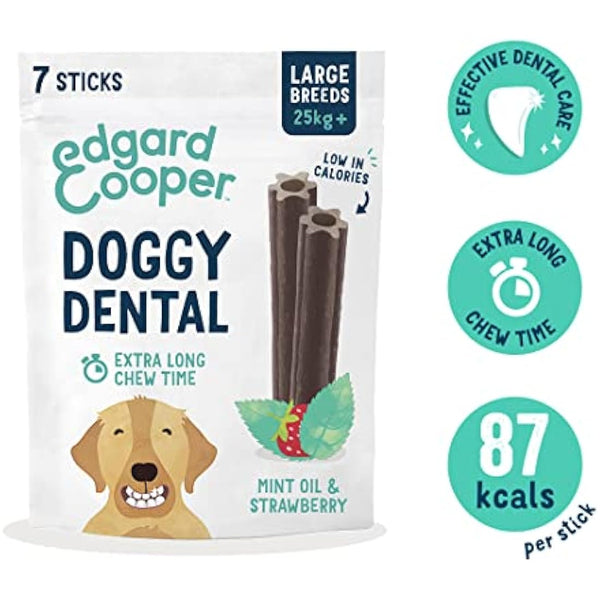 Edgard Cooper Treats Dental Stick, Big - Strawberry and Mint - (8 x 7 stick pack), Natural Dog Chew Sticks, Dental Hygiene, One per Day, Low Calorie, Long Chewing, Fresh Breath