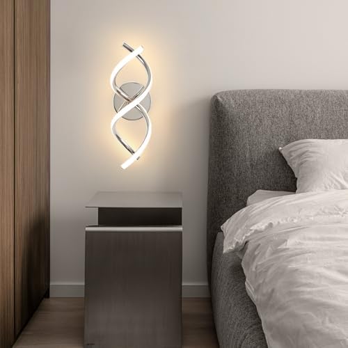EIDISUNY Wall Lamp LED Silver Modern Elegant Spiral Indoor Wall Lights for Bedside Bedroom Living Room Hallway Bathroom Kitchen Wall Lighting Fixture - Chrome 24W 3000K Warm White Light