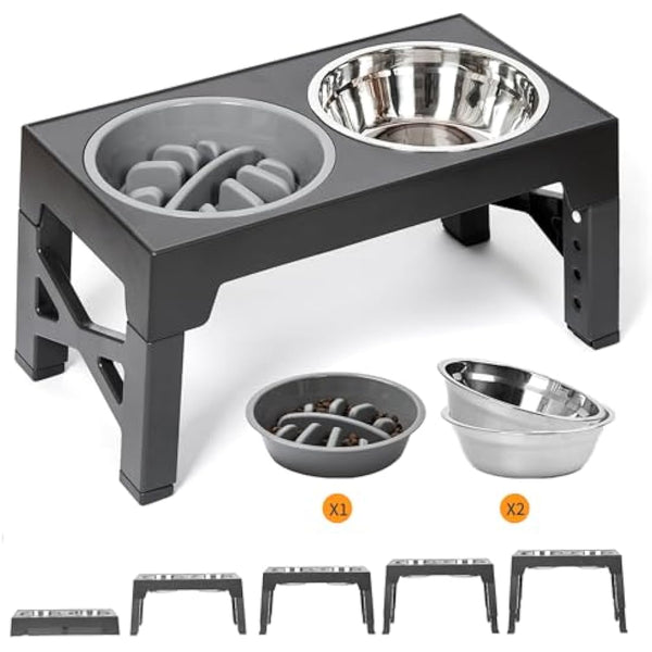 FOREYY Adjustable Elevated Dog Bowls with 2 Stainless Steel Bowls and 1 Slow Bowl, Raised Dog Bowl 5 Heights, Non-Slip Dog Food water Bowl Stand for Small Medium Large Dogs(Gary)
