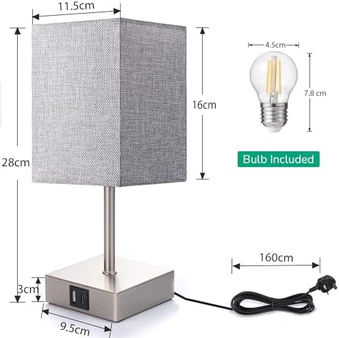 EDISHINE Bedside Lamps Set of 2, 3 Way Dimmable Table Lamp with USB A+C Charging Ports, Touch Lamps for Bedroom, Living Room, Grey (LED Bulbs Included)