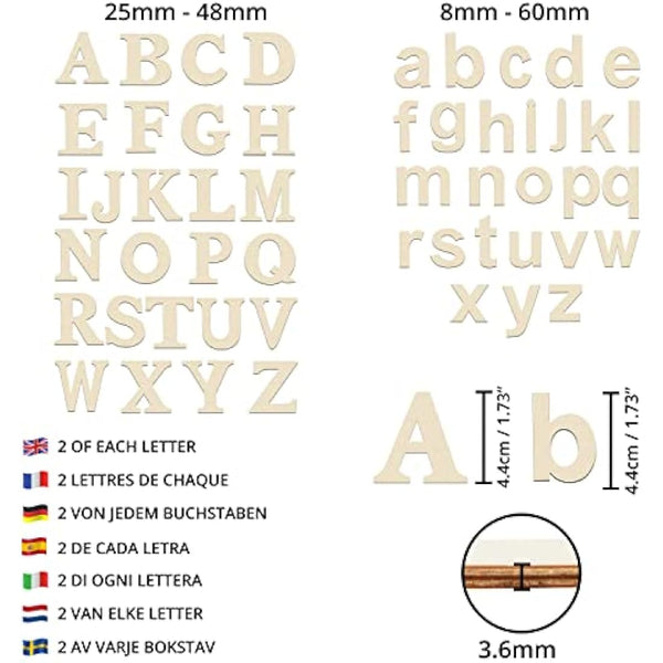 HANDI STITCH 124 Pieces Unfinished Wooden Letters & Numbers - 52 Capital & 52 Lowercase (A-Z) Alphabet Letters - 20 (0-9) Numbers - DIY Wood Pieces for Learning, Decor & Crafts
