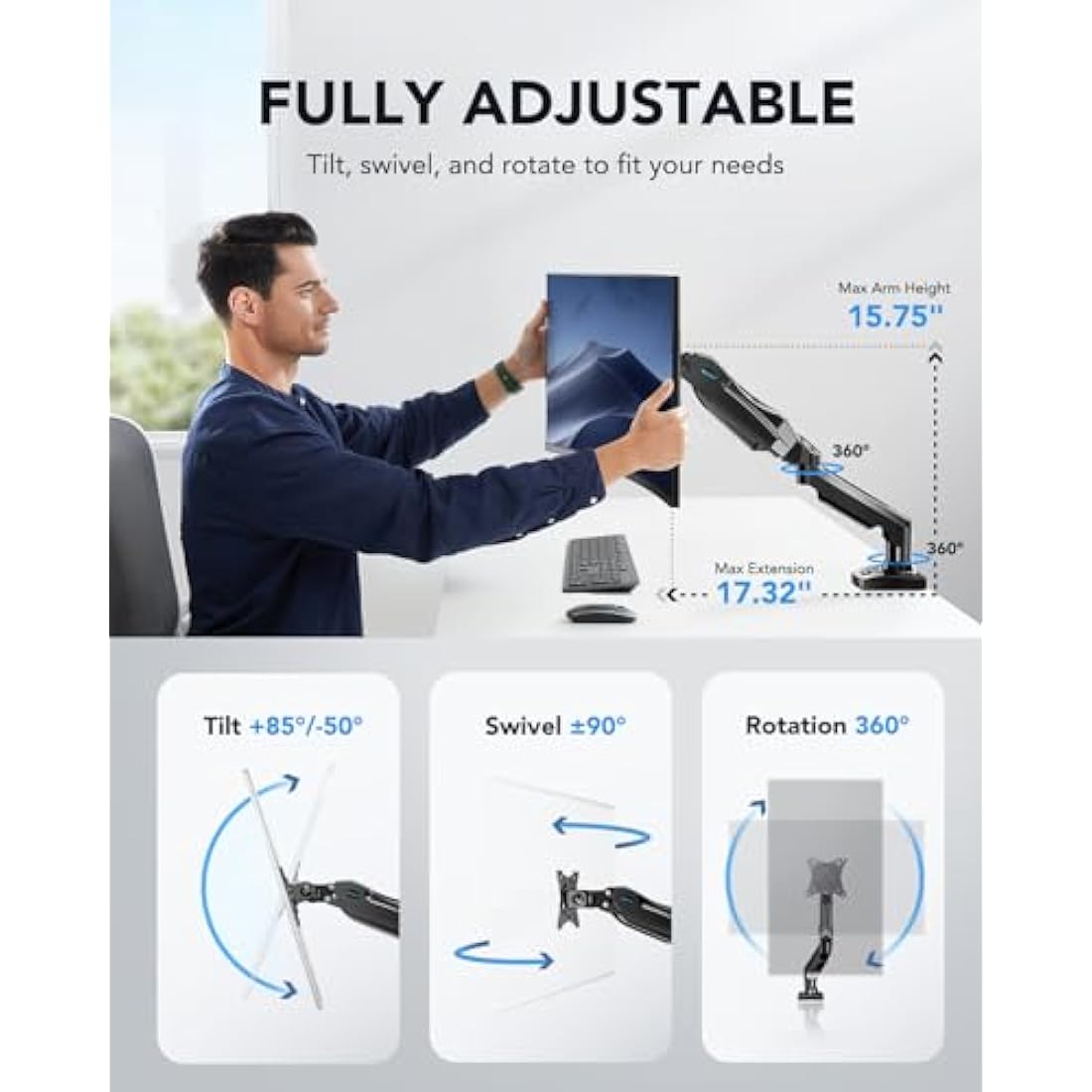 HUANUO Single Monitor Arm Desk Mount for 13 to 32 inch Screens, Tool Free Height Adjustable Monitor Stand with Tilt Swivel Rotate, 75 & 100mm VESA Mount, Load 19.8 lbs, C-clamp & Grommet Options
