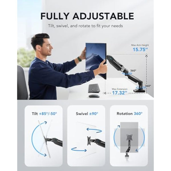 HUANUO Single Monitor Arm Desk Mount for 13 to 32 inch Screens, Tool Free Height Adjustable Monitor Stand with Tilt Swivel Rotate, 75 & 100mm VESA Mount, Load 19.8 lbs, C-clamp & Grommet Options
