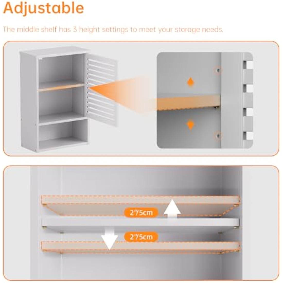 HITNET White Bathroom Wall Cabinet, Bamboo Medicine Cabinet, Single Door Hanging Storage Cupboard with Adjustable Shelf