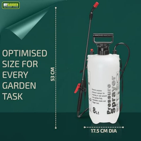 My Garden 8 Litre Sprayer Pump - Weed Killer Pressure Sprayer Pump Action - High Pressure Long Reach Sprayers - Ideal For Spraying Water Fertiliser Herbicides Pesticides Preservative & Detergent