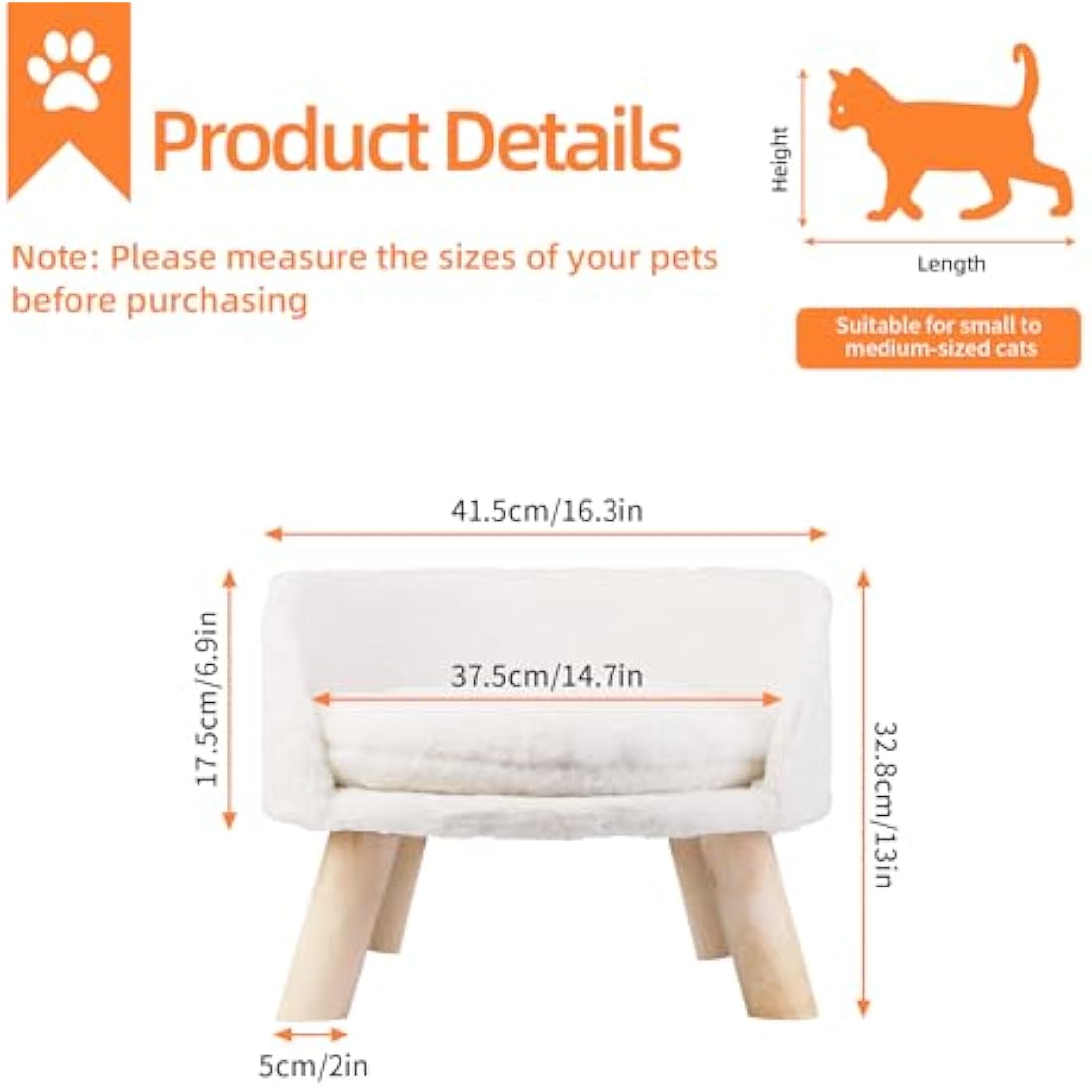 BingoPaw Cat Sofa Chair Bed: Elevated Nordic Pet Stool Bed with Removable Waterproof Mat - Raised Plush Fur Dog Kitten Couch with Wooden Legs Frame (Dia 40cm)
