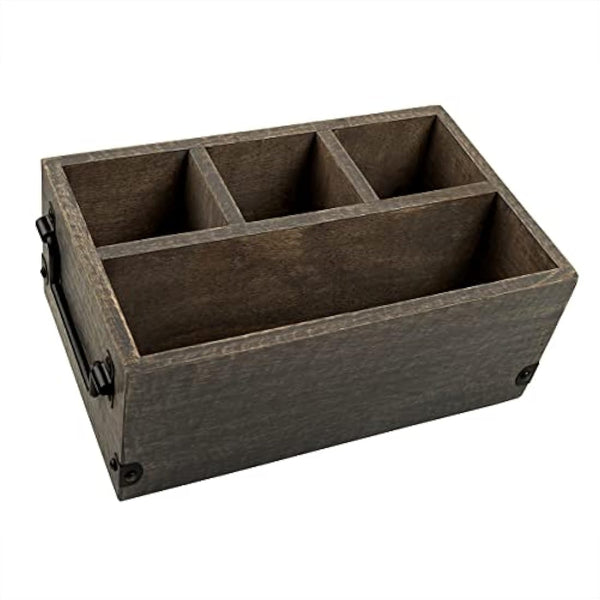 GoCraft 4 Compartment Flatware Caddy, Cutlery Utensil Holder, Silverware Condiment Organizer with Napkin Holder for Kitchen, Dining, Picnics, Grey Washed Mango Wood Caddy with Metal Handles