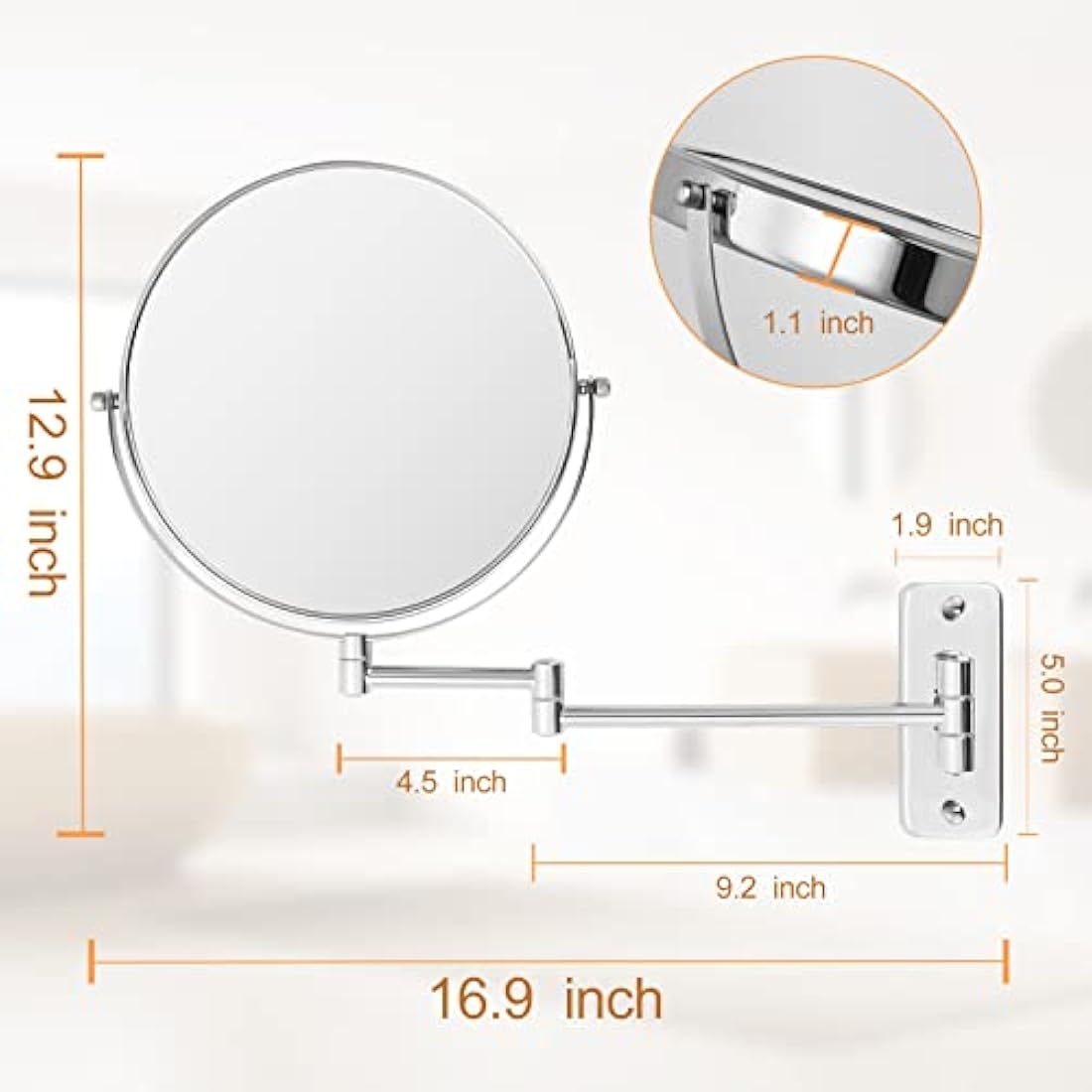 FFowcye 9" Wall Mounted Makeup Mirror, 1x/7x Magnifying Shaving Mirror, Double Sided Bathroom Shower Mirror with Extendable Arm, 360° Swivel for Precise Makeup & Vanity, Chrome Finish (No Light)