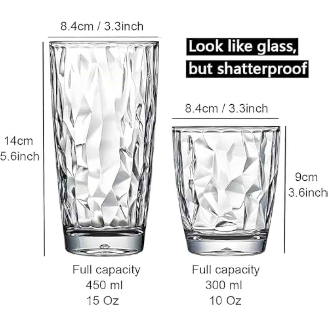 15 Oz Unbreakable Tritan Drinking Glasses Shatterproof Acrylic Glasses Drinkware BPA Free Hard Plastic Cups Reusable Kitchen Water Glasses Drinking Set of 6 (Clear)