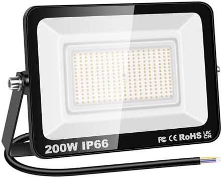 RIGIDON 1 Pcs Outdoor Flood LED Work Light, 200W 20000 Lumens Floodlight, Daylight Warm White Security Lights for Garden Yard Lawn Basketball Football Court Patio Landscape, IP66 Waterproof 3000K