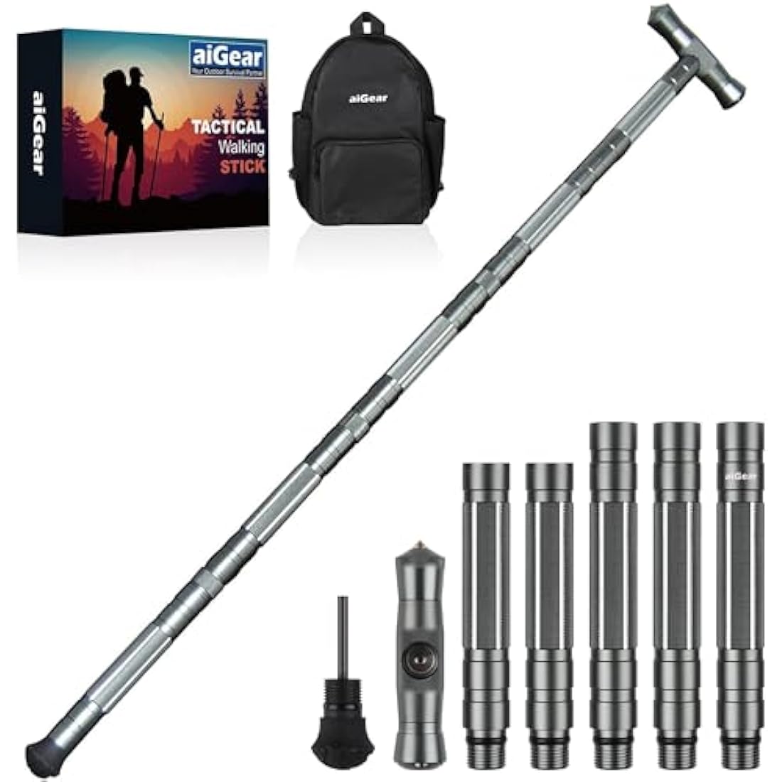 aiGear Tactical Stick/Hiking Walking Trekking Poles | CNC Machined Aluminum Tactical Cane - Adjustable Length | For Hiking Camping Mountaining Backpacking | Color Gray