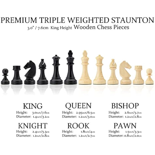 A&A 15 inch Walnut Wooden Chess Sets w/Storage Drawer/Triple Weighted Chess Pieces - 3.0 inch King Height/Walnut Box w/Walnut & Maple Inlay / 2 Extra Queen/Classic Board Games