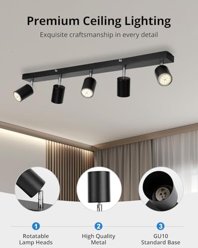 Gr4tec LED Ceiling Light 5 Way, Black Kitchen Ceiling Lights Including 5 x 6W GU10 Bulbs Natural White 4000K, Rotatable Spotlights Bar, Modern Spot Light Fitting for Living Room Bedroom Hallway