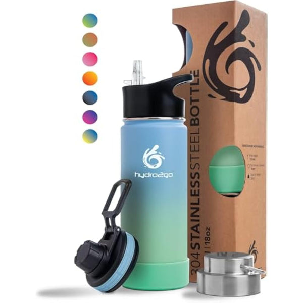 hydro2go Stainless Steel Water Bottle – BPA-Free Bottle for Kids, School, Sports & Outdoor – Keeps Drinks Hot for up to 12H and Cold for up to 24H – Includes 3 Drinking Caps – 530ml (Lagoon)