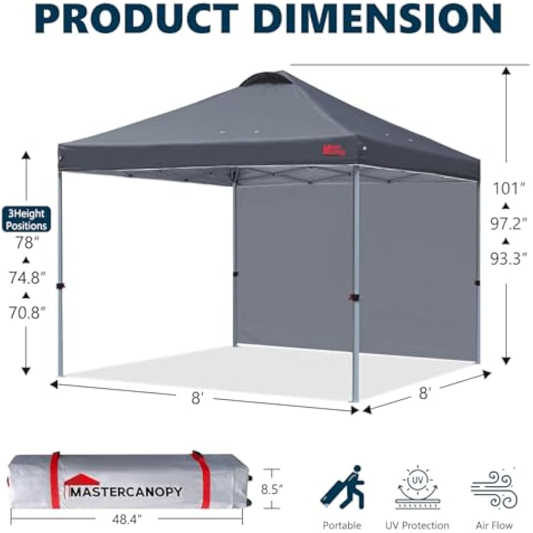 MASTERCANOPY Durable Ez Pop-up Gazebo Tent with 1 Sidewall (2.5x2.5M,Dark Grey)