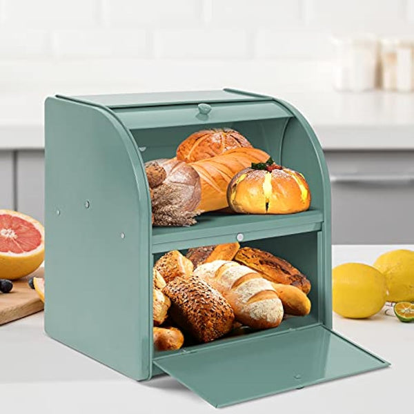 Hossejoy Double Layer Bread Bin - Large Capacity Black Roll Top Bread Box, Kitchen Bread Storage Container with Roll Top Lid, Double Layer Breadbox for Your Kitchen Countertop