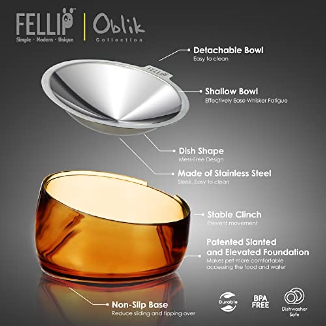 Felli Pet Whisker Stress Friendly Raised Angled Cat Wet Food Bowl Stainless Steel Shallow Dish Tilted, Anti Vomit, Slanted Feeding Plate Metal Elevated Acrylic Flat Faced Dog (0.5 Cups, Gold)