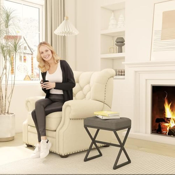 YMYNY Vanity Stool, Linen Footrest Stool, Square Ottoman Bench with X-Shaped Metal Legs, Makeup Dressing Stool for Vanity, Living Room, Bedroom, Entryway, Hallways 40×30×46CM Grey HBD033G