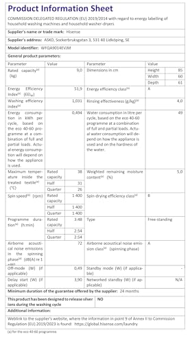 Hisense 3 Series WFQA9014EVJM Freestanding 9 KG Front Load Washing Durable Inverter Machine Steam Wash Quick Wash 15 Washing Programs 1400 RPM White- Energy Rating A