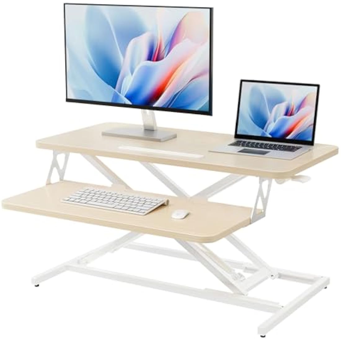 ERGOMAKER Height Adjustable Standing Desk Converter - 81cm (32 Inch) Wide Platform Tabletop Workstation - Quick Sit to Stand Desk Riser for Dual Monitors Golden Oak