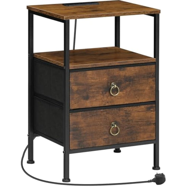 HOOBRO Bedside Table with Charging Station, Side Table with 2 USB Ports and Outlet, End Tables with 2 Fabric Drawers, Nightstand for Small Spaces, Rustic Brown and Black EBF110KBZ01
