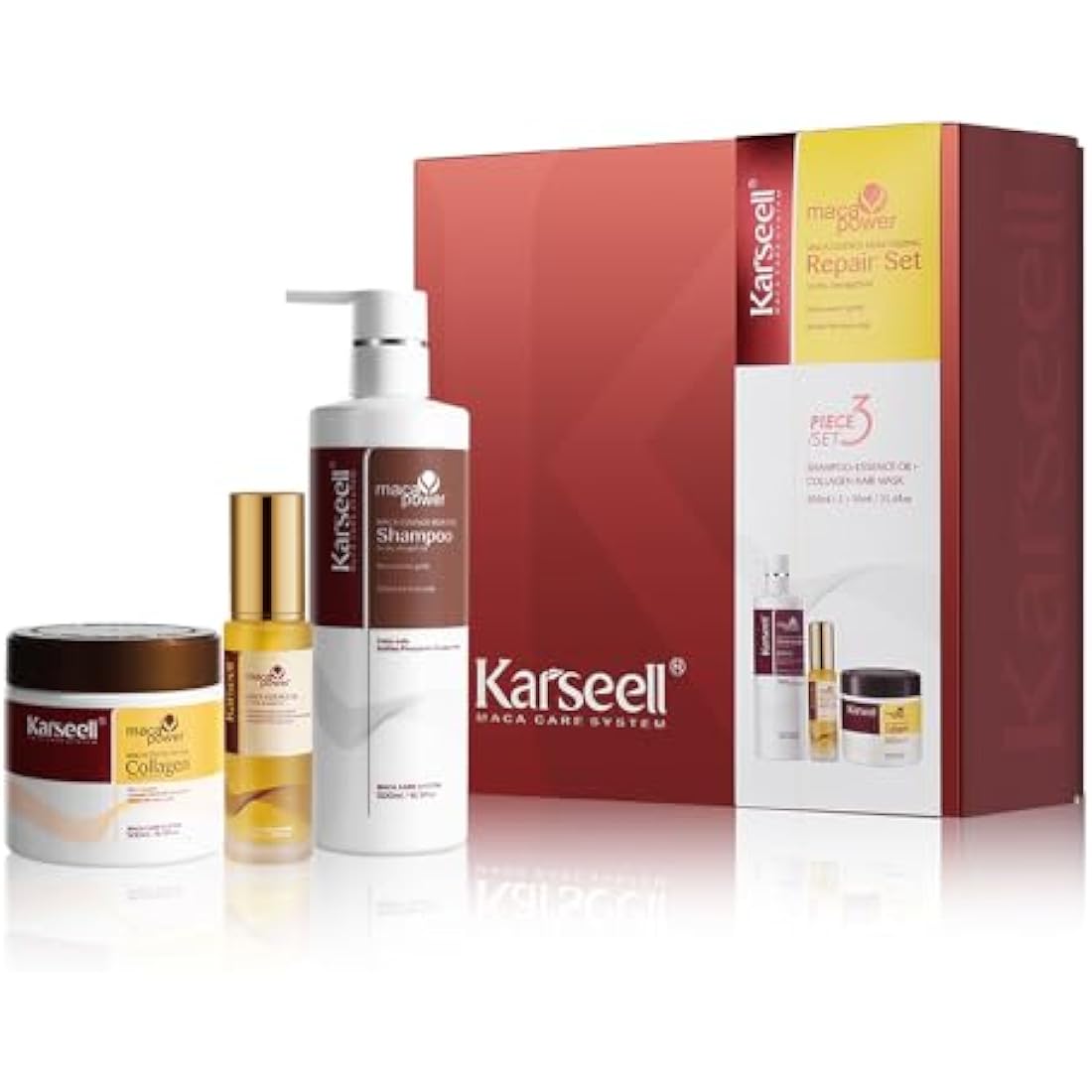 Karseell Maca Essence Moisturizing Repair Set: Collagen Hair Mask 500ml, Shampoo 500ml & Maca Essence Oil 50ml - Argan Oil Treatment for Dry Damaged Hair, All Types