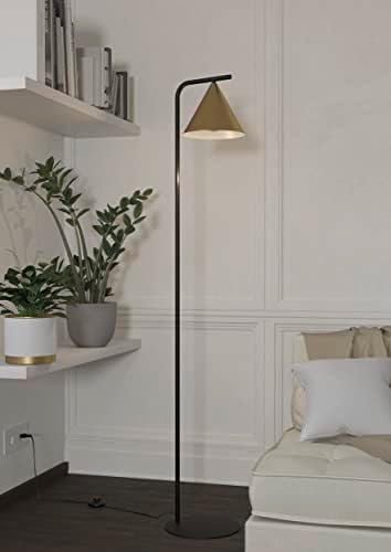 EGLO Floor lamp Narices, minimalist standing light made of brushed brass metal, golden and black living room lighting with foot switch, E27 socket