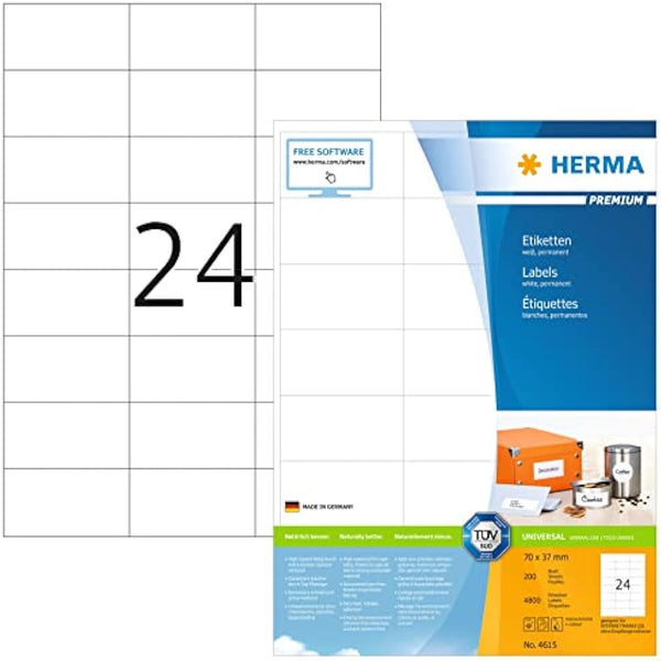 HERMA Self Adhesive Address Labels, 24 Labels per A4 Sheet, 200 Sheets, 70 x 37 mm, 4800 Labels, Blank Mailing Labels Stickers, Sticky Labels for Laser & Inkjet Printer, White