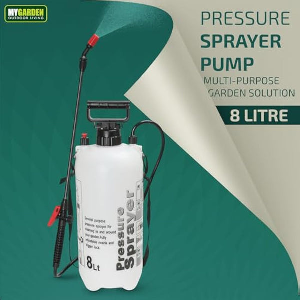 My Garden 8 Litre Sprayer Pump - Weed Killer Pressure Sprayer Pump Action - High Pressure Long Reach Sprayers - Ideal For Spraying Water Fertiliser Herbicides Pesticides Preservative & Detergent