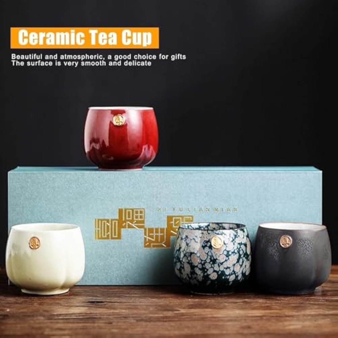 4 Pcs Ceramic Chinese Kung Fu Tea Cup Set - Japanese Retro Mugs for Sake and Tea Drinking With Box (01)