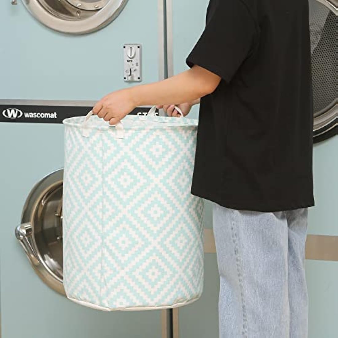 Sea Team 19.7 Inch Large Sized Waterproof Coating Ramie Cotton Fabric Folding Laundry Hamper Bucket Cylindric Burlap Canvas Storage Basket with Stylish Bohemia Mint Design