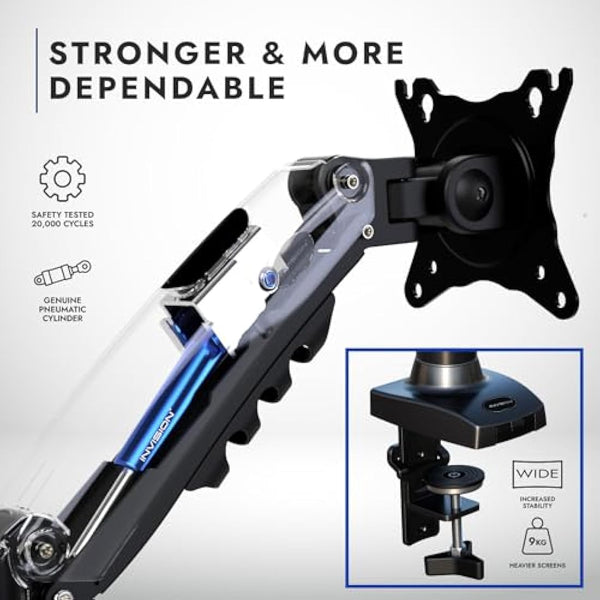 Invision Single Monitor Arm Desk Mount for 19-32 Inch Screens - VESA 75/100mm Stand Desk Clamp - Tool Free Height Adjustment with Tilt Swivel Rotate - Increased Load Capacity from 2-9kg (MX200)