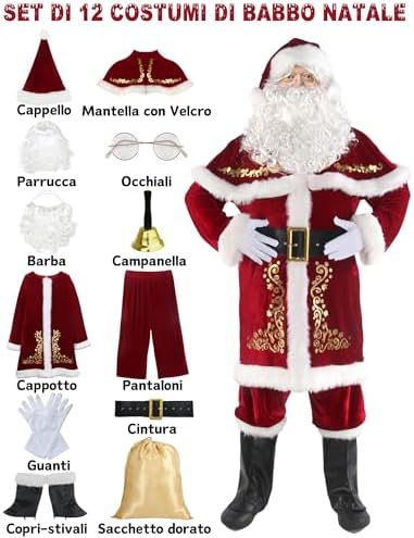 Ahititi Santa Claus Costume for Men 12pcs Christmas Set Deluxe Velvet Adult Santa Suit