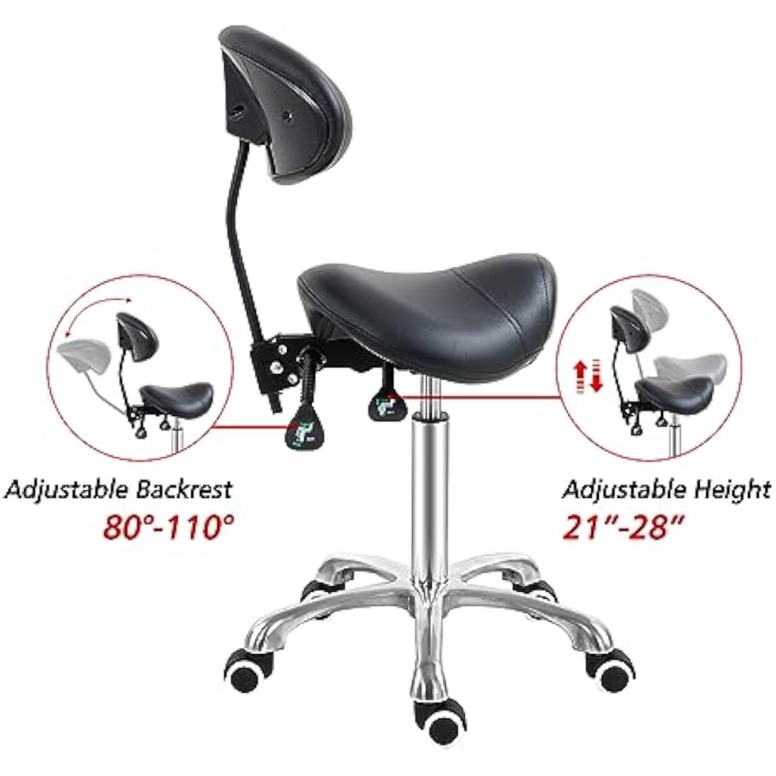 Antlu Saddle Stool Chair with Back Support, Ergonomic Esthetician Stool Chair for Salon Tattoo Spa Medical Dentist Clinic (with Adjustable Backrest, Black)
