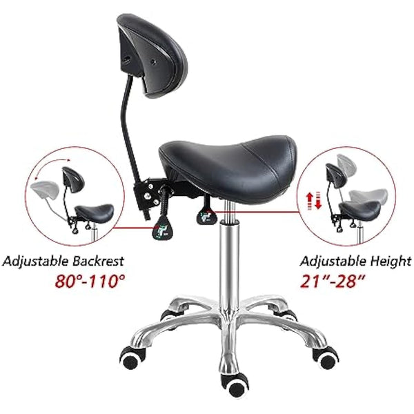 Antlu Saddle Stool Chair with Back Support, Ergonomic Esthetician Stool Chair for Salon Tattoo Spa Medical Dentist Clinic (with Adjustable Backrest, Black)