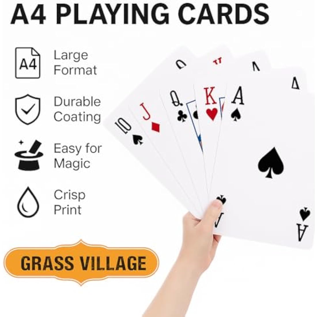 GrassVillage Jumbo A4 Playing Cards – Giant 28cm x 20cm Plastic Coated, Water Resistant Deck for Family Party Games, BBQs, Garden, Indoor & Outdoor Fun, Christmas & Events