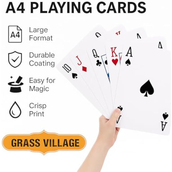 GrassVillage Jumbo A4 Playing Cards – Giant 28cm x 20cm Plastic Coated, Water Resistant Deck for Family Party Games, BBQs, Garden, Indoor & Outdoor Fun, Christmas & Events