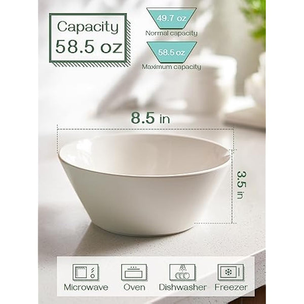 DOWAN Ceramic Soup Bowls, 1730ml Large Salad Bowl Set of 4, Φ 21.8cm White Serving Bowls, Large Snack Bowls Bouillon Cups for Kitchen, Dishwasher & Microwave Safe