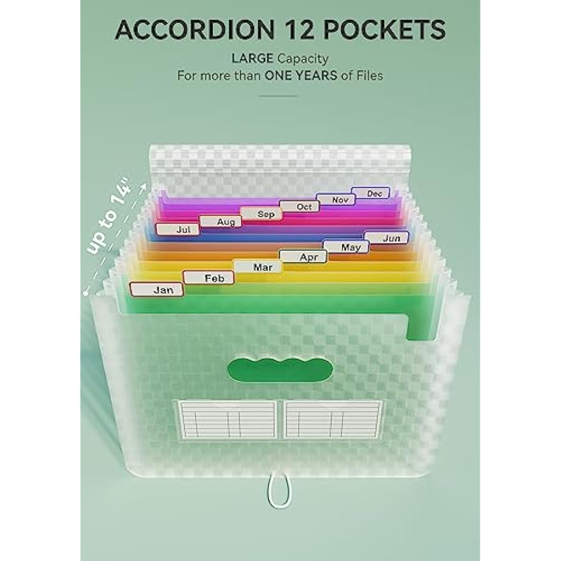 ABC life A4 Expanding File Organiser with Grid Pattern,13 Pockets Expandable Filling Boxes Documents Organiser,Accordion A4 Desk Folders,Portable Rainbow Files Wallets Plastic Bills Storage Bag(Green)