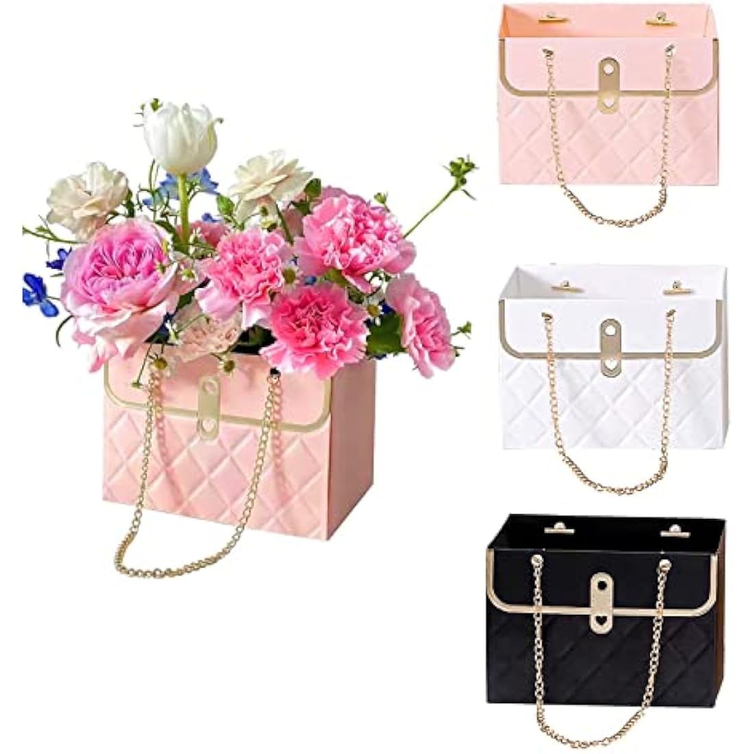 4PCS Flower Paper Box ‎CTDMJ Paper Flower Gift Bags Box Metal Chain Floral Arrangements Bouquets Bag Florist Bag Bouquet Storage Bucket Wedding Party Gift Wrap Bag (3 Colors), black white pink