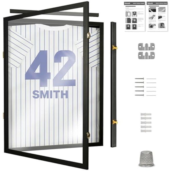 Schaukasten für Trikots, großer Objektrahmen, abschließbar, mit UV-Schutz, Acryl, Präsentation per Kleiderbügel oder Feststecken, für Baseball-, Basketball-, Fußball-, Sport-Trikots, schwarz lackiert