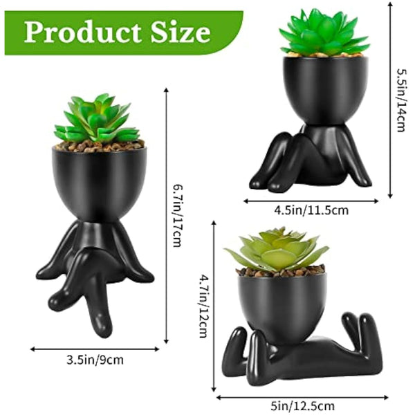 Dremisland Fake Succulents Plants Set of 3 Black Porcelain Pots with Small Artificial Plants Human Shaped Ceramic Pots Cute Faux Plant for Indoors Office Desk Shelf Decorations