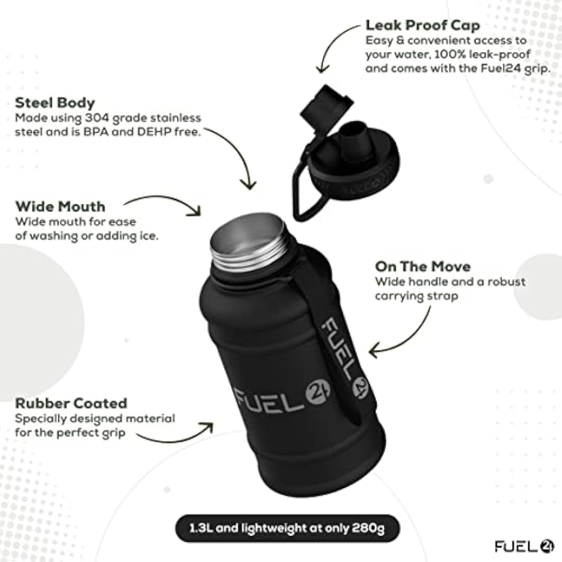 Fuel24 1.3L/2.2L Black Water Bottle Metal - STRONG, Drop & Leakproof BPA free 2L 1L Stainless Steel Water Bottle (1 Litre) - Large Gym Bottles for Men, Sports Water Bottle, Travel, Hiking Water Bottle